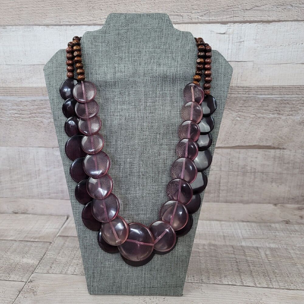 Vintage Purple Lucite Necklace Graduated Round Disc Wood Beads Bundle of Two - Picture 15 of 15